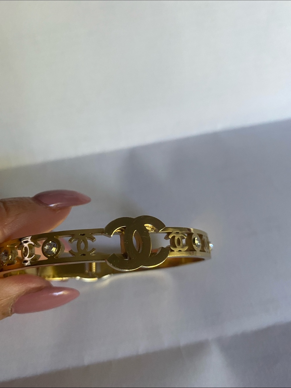 Fashion Jewelry Gold Interlocking CC Logo Cutout Bangle with Crystal Accents